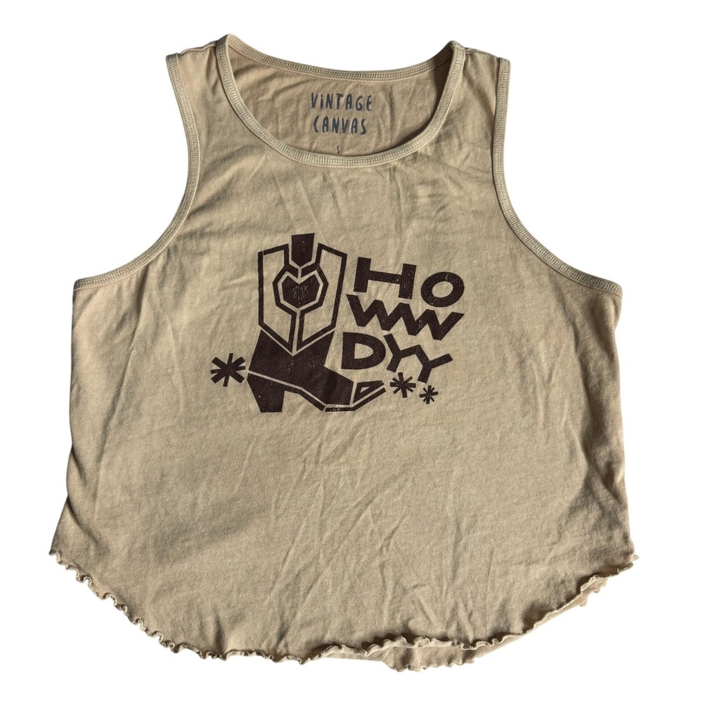 Vintage Canvas Tan Howdy Cowboy Boot Western Lettuce Edge Tank Top Womens Small